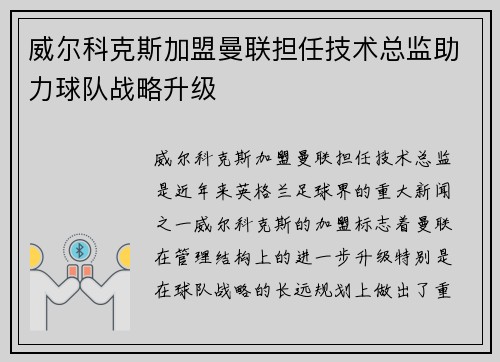 威尔科克斯加盟曼联担任技术总监助力球队战略升级
